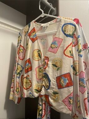 Rachel Zoe Cream Fruit & Stamp Print Button-Front Top